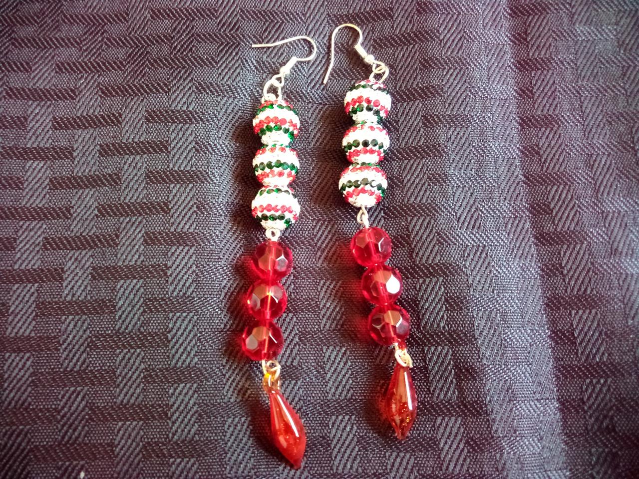 [ #W143 ] $30.00USD - Holiday Earrings. Red, green, silver snowballs, carved glass beads, tear-drop (..)