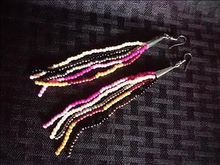 [ #W121 ] $25.00USD - Long Drop, Multi-Color, Beaded Earrings.